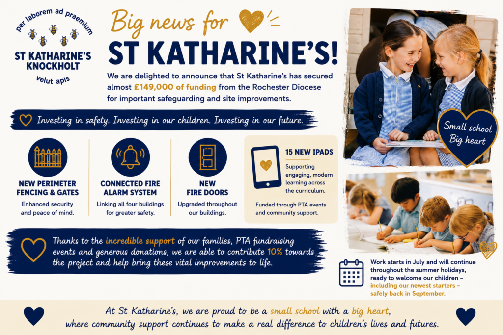 A vibrant image of students and teachers at St Katharine's Primary School, highlighting the school's commitment to safety, modern learning, and community support.